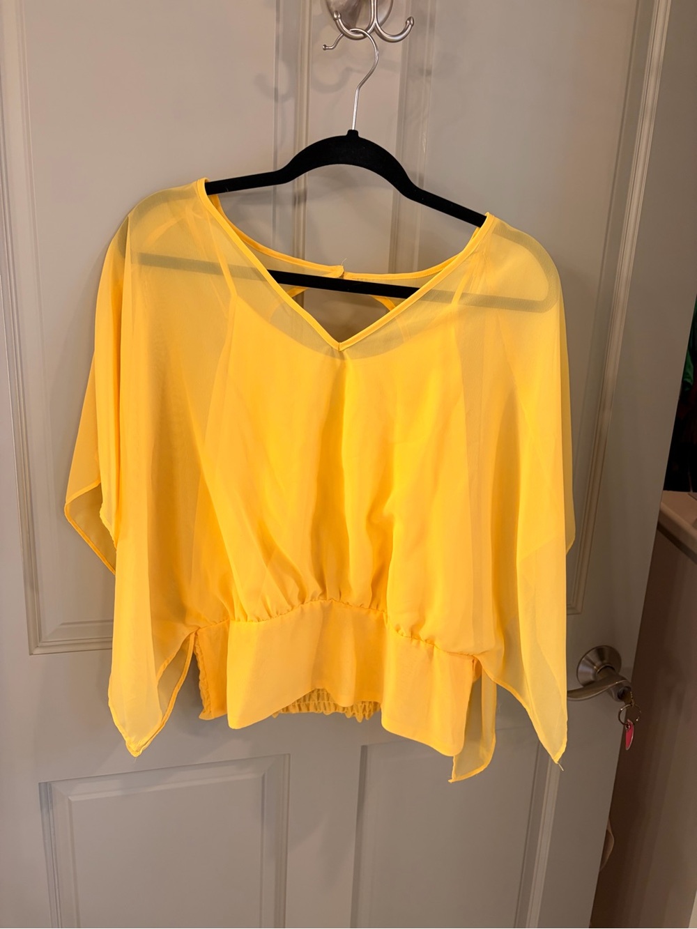 New York & Company Bright Yellow Sheer V-Neck Peplum Blouse